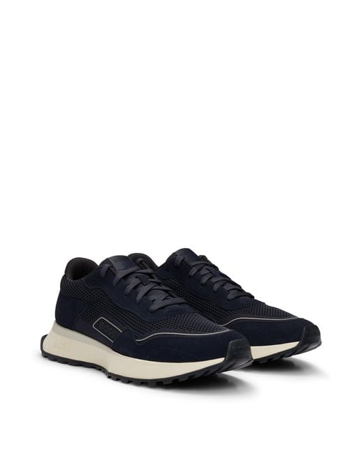 Boss Blue Mixed-material Trainers With Suede And Faux Leather for men