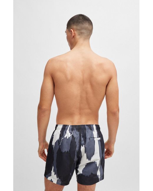 HUGO Blue Seasonal-print Quick-dry Swim Shorts With Metallic Logo for men