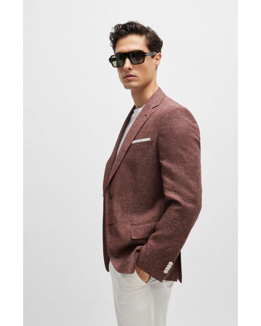 Boss Brown Slim-fit Jacket In Patterned Virgin Wool And Linen for men
