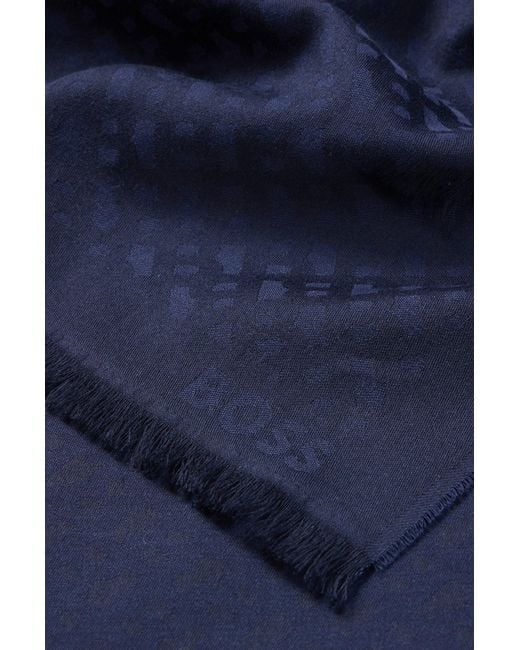Boss Blue Cotton-blend Scarf With Jacquard-woven Monogram Pattern for men