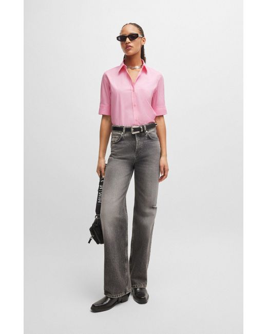 HUGO Pink Regular-Fit Bluse aus Stretch-Baumwolle mit Stack-Logo