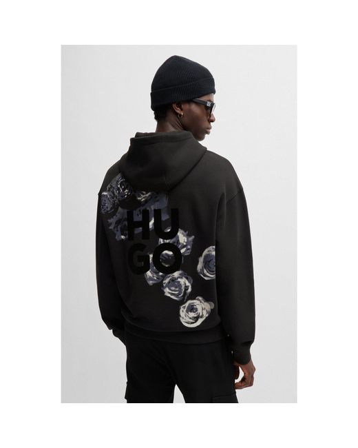 HUGO Black Cotton-Terry Hoodie With Floral And Logo Prints for men