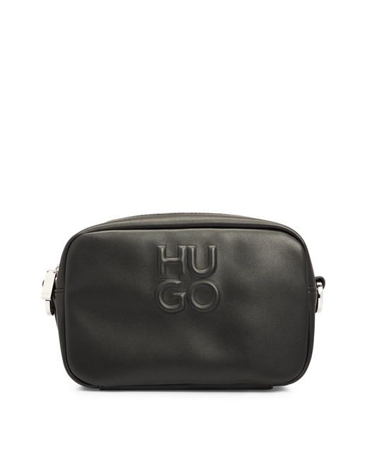 HUGO Black Faux-leather Crossbody Bag With Debossed Stacked Logo