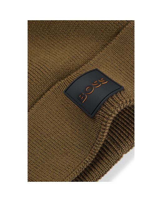 Boss Green Wool-Blend Beanie Hat With Logo Badge for men