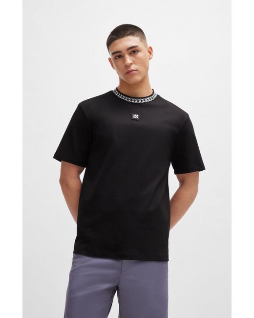 HUGO Black Interlock-cotton T-shirt With Chain-print Collar for men
