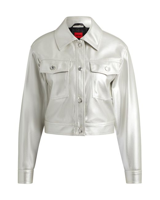 HUGO White Relaxed-fit Jacket In Metallic Faux Leather