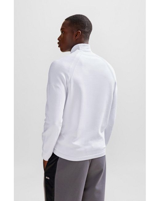 Boss White Cotton-blend Zip-neck Sweater With Logo Detail for men