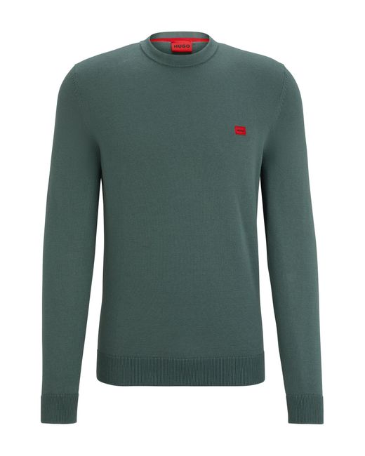 HUGO Green Knitted Cotton Sweater With Red Logo Label for men