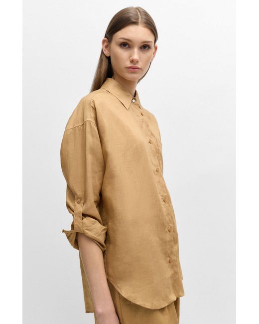 Boss Natural Relaxed-fit Blouse In Ramie Canvas With Point Collar
