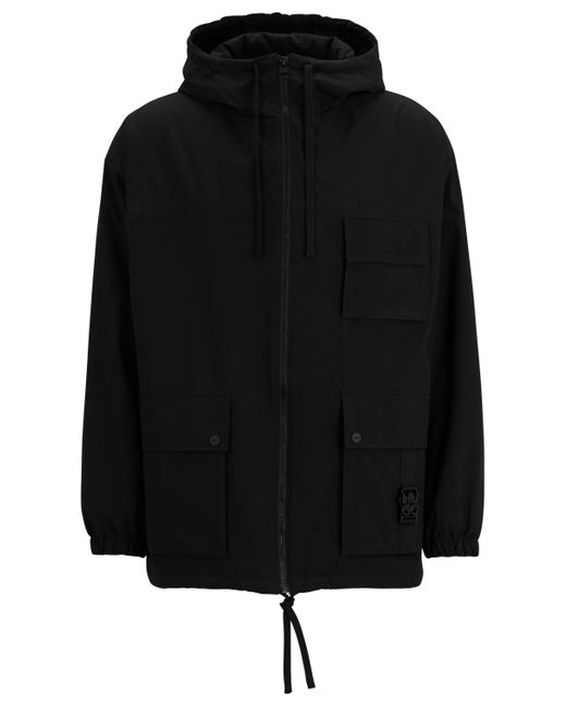 HUGO Black Water-repellent Parka Jacket With Stacked-logo Buckle for men