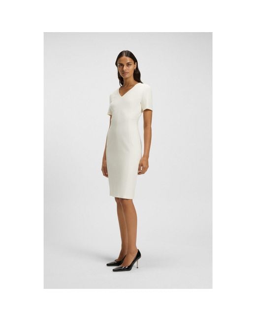 Boss White V-Neck Business Dress With Seam Details