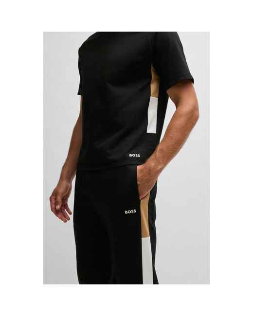 Boss Black Cotton-Terry Tracksuit Bottoms With Contrast Side Panels for men