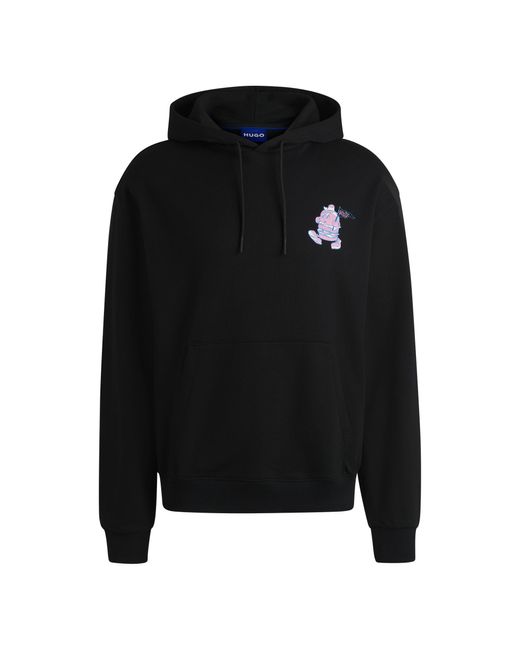 HUGO Black Cotton-Terry Hoodie With Street-Food Graphics for men
