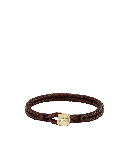 Boss Brown Braided-Leather Cuff With-Tone Closure for men