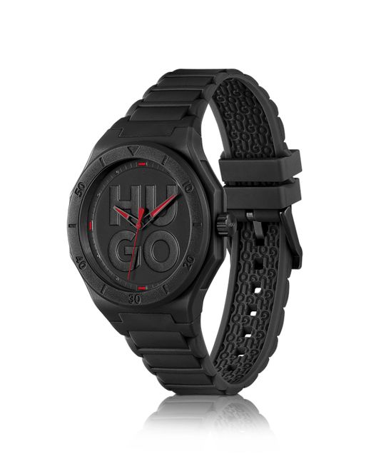 Montre noire à bracelet en silicone et cadran à logo revisité HUGO pour homme en coloris Black