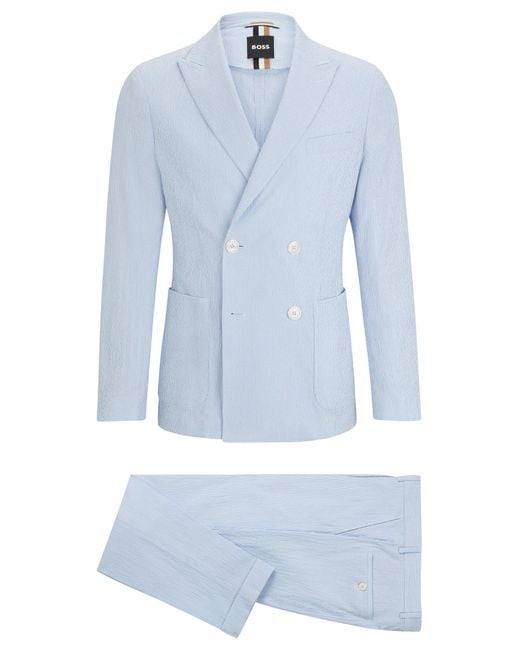 Boss Blue Slim-fit Suit In Striped Stretch-cotton Seersucker for men