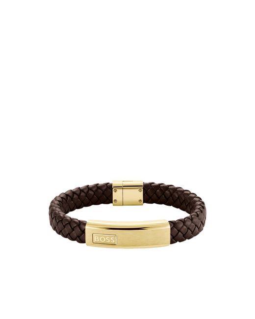 Boss Brown Braided-Leather Cuff With-Tone Logo Plate for men
