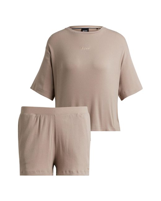 Boss Natural Short Pyjamas In Ribbed Cotton With Logo Details