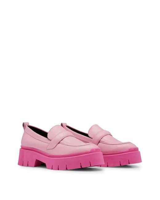 HUGO Pink Platform-sole Moccasins In Leather With Logo Details