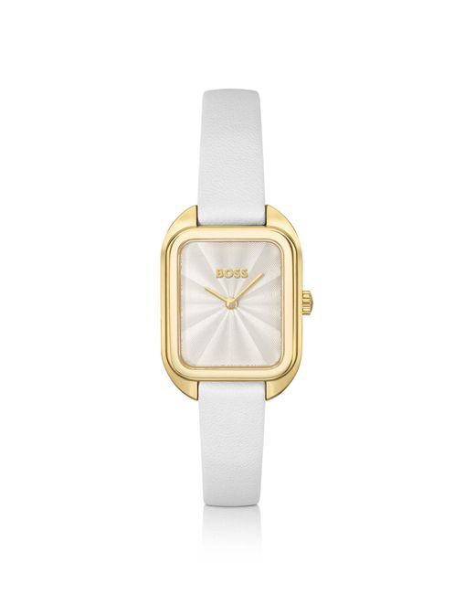 Boss Gold-tone Rectangular Watch With White Leather Strap