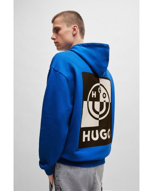 HUGO Blue Cotton-terry Hoodie With Graphic Logo Artwork for men