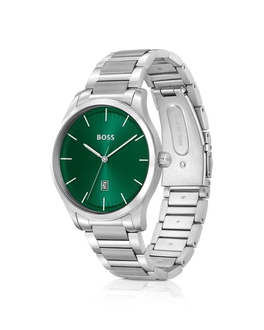 Boss Green-dial Watch With Silver-tone Link Bracelet for men