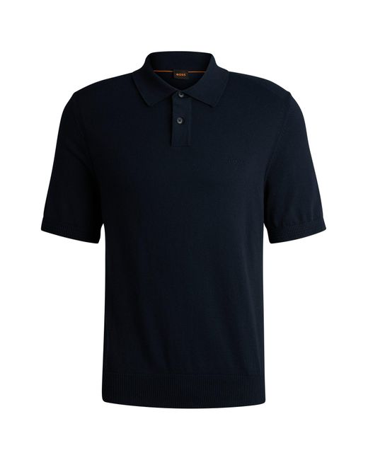 Boss Blue Short-sleeved Cotton-blend Polo Sweater With Embroidered Logo for men