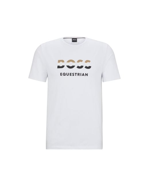 Boss White Equestrian Short-Sleeved Stretch-Cotton T-Shirt With Logo for men