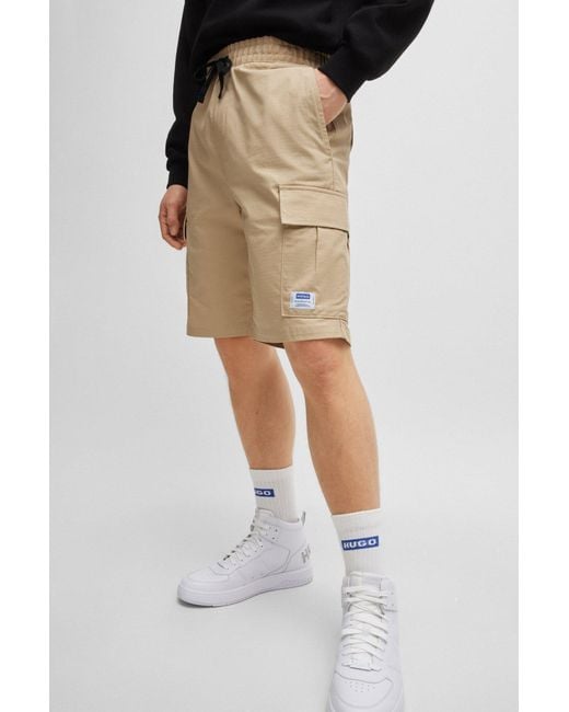 HUGO Natural Structured-cotton Shorts With Drawstring And Logo Patch for men