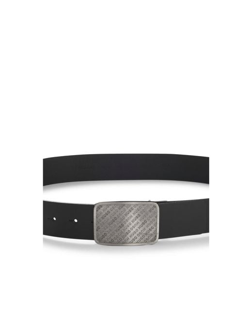 HUGO Black Leather Belt With Repeat-Logo Plaque Buckle for men
