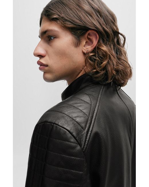 HUGO Black Zipped Jacket In Lightly Padded Leather for men