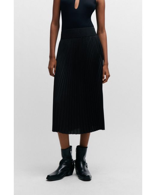 HUGO Black Plissé Pleated Midi Skirt With Stacked-logo Waistband
