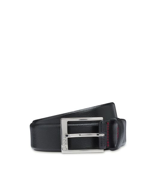 HUGO Black Grained-Leather Belt With Logo-Engraved Buckle for men