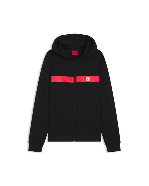 HUGO Black Cotton-Terry Zip-Up Hoodie With Contrast Stripe for men