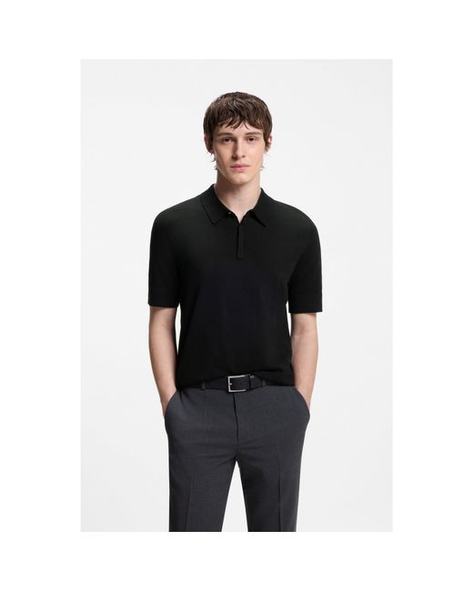 HUGO Black Knit Polo With Covered Placket for men