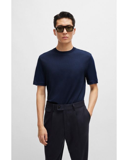 Boss Regular-fit T-shirt Van Katoen En Zijde In Een Combinatie Van Structuren in het Blue voor heren