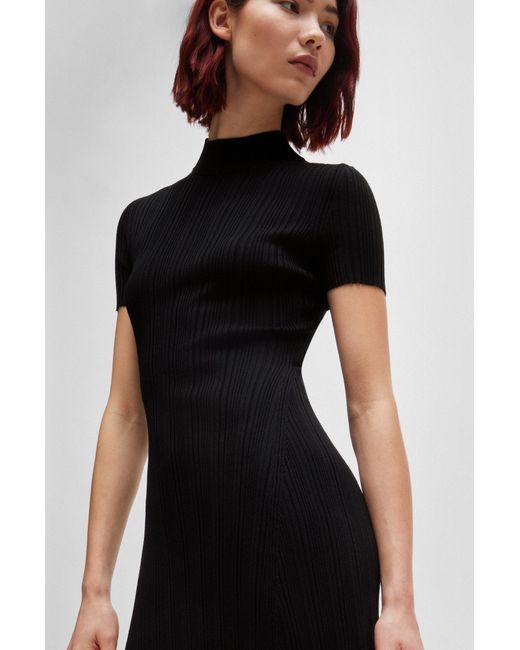 HUGO Black Slim-fit Dress In Irregular-rib Crepe