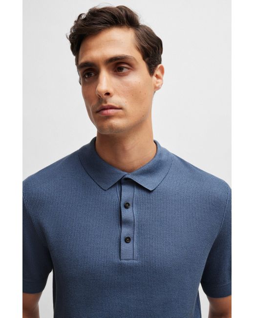 Boss Blue Regular-fit Polo Sweater With Mixed Structures for men