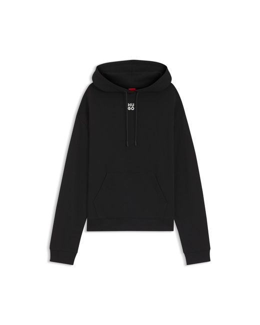 HUGO Black Cotton-Terry Hoodie With Embroidered Stacked Logo