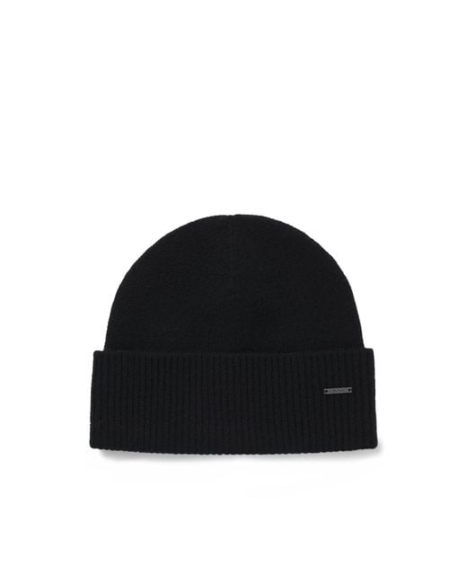 Boss Black Knitted Cashmere Beanie With Metal Logo Plaque for men