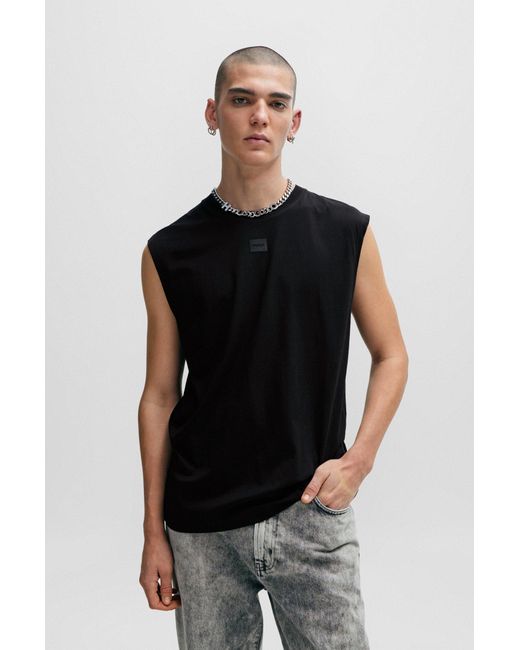 HUGO Black Sleeveless T-shirt In Cotton Jersey With Logo Detail for men