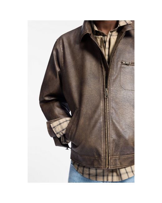 HUGO Brown Faux-Leather Jacket With Cross-Shaped Zip-Puller for men