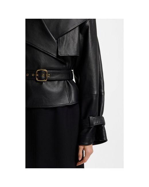HUGO Black Relaxed-Fit Leather Jacket With Belt