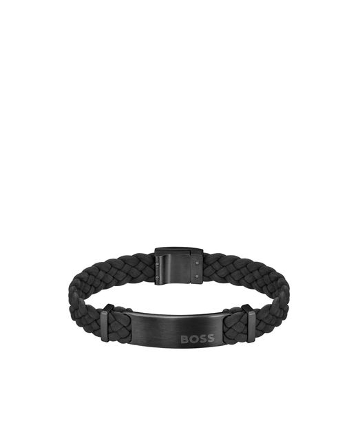 Boss Black Suede Braided Cuff With Logo Plate for men