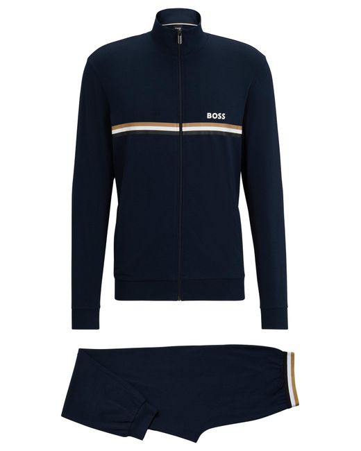 Boss Blue Stretch-cotton Loungewear Set With Signature Stripes And Logos for men