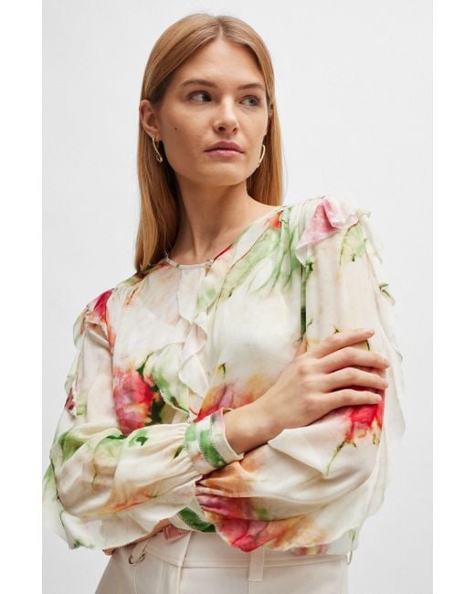 Boss White Printed Blouse In Crinkle Crepe With Frilled Trim