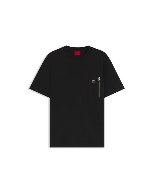 HUGO Black Interlock-Cotton T-Shirt With Zip Pocket for men