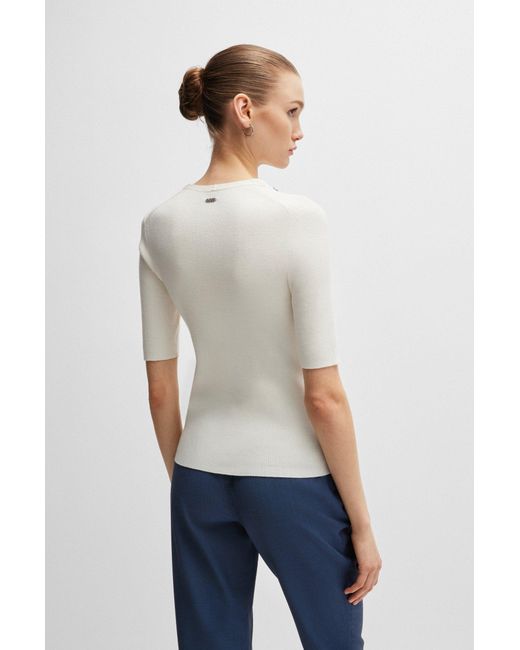 Boss White Short-sleeved Sweater In Stretch Fabric With Hardware Details
