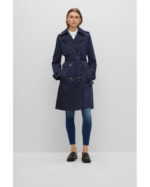 Boss Blue Regular-fit Trench Coat With Buckled Belt
