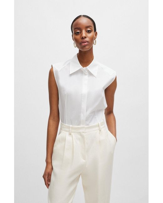 Boss White Sleeveless Blouse In Stretch-cotton Canvas